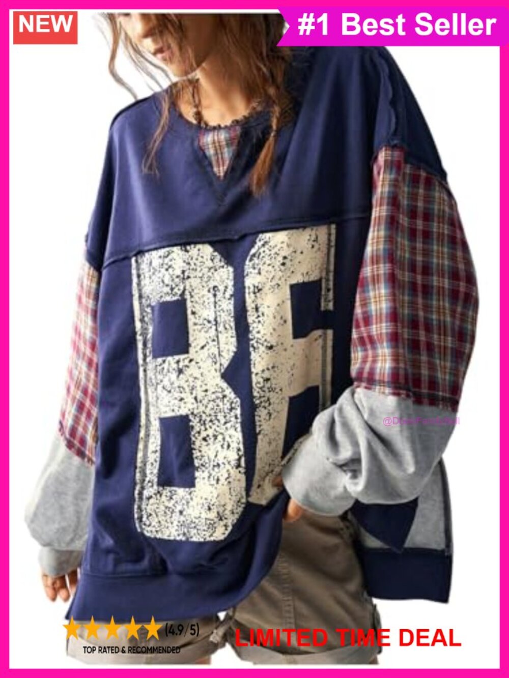 Number Graphic Plaid Patchwork Loose Fit Pullover Sweatshirt